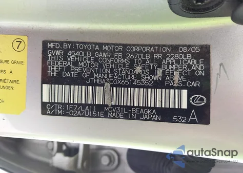 2006 Lexus Es 330 z USA, uszkodzony, nr VIN JTHBA30GX65145352